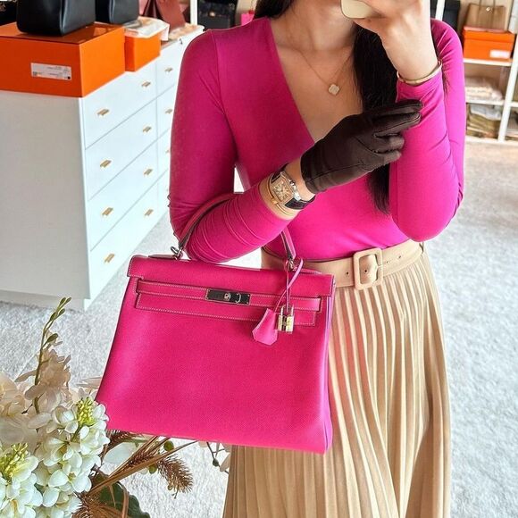 100% authentic Kelly 32 rose tyrien / Toscanini candy series epsom PHW stamp O - Picture 2 of 2